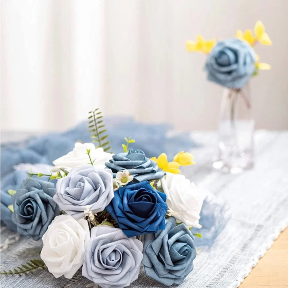 25 Count Navy Blue Shades Roses Wedding Bouquet Flowers Centerpiece Dusty White